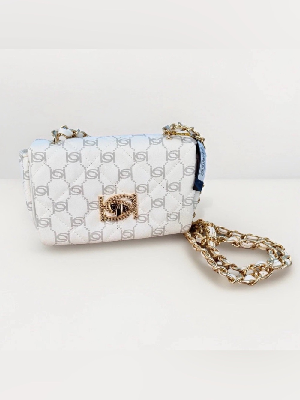 NWT Bebe LIV Monogram Crossbody Small Bag Quilted White Y2K Minimalist Vegan
